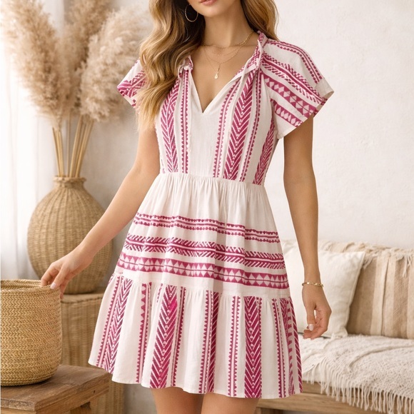 sofia Dresses & Skirts - Sofia Hansel Boho Embroidered Geometrid Mini Dress in Hot Pink